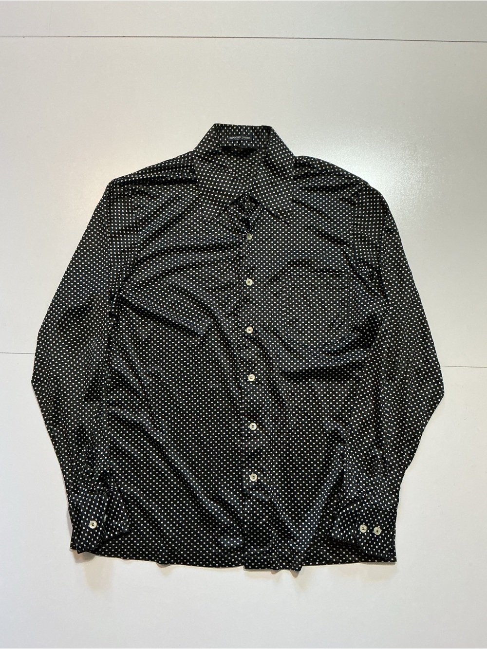 Vintage 80s Damon Italy Imported Fabric Polka Dot Nylon Black Button L/S
Shirt